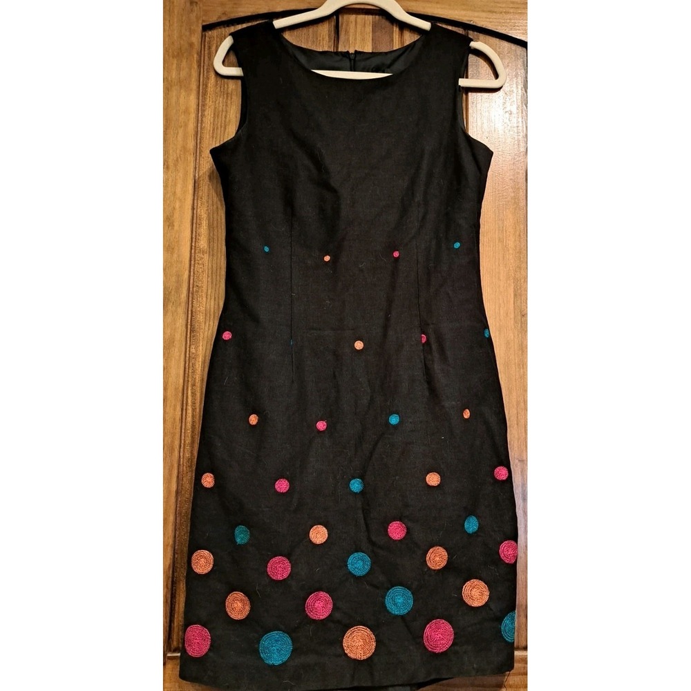 Wms Linen Blend John Roberts Sheath Dress Sz 10 Lined Embroidered Polka Dot Blk